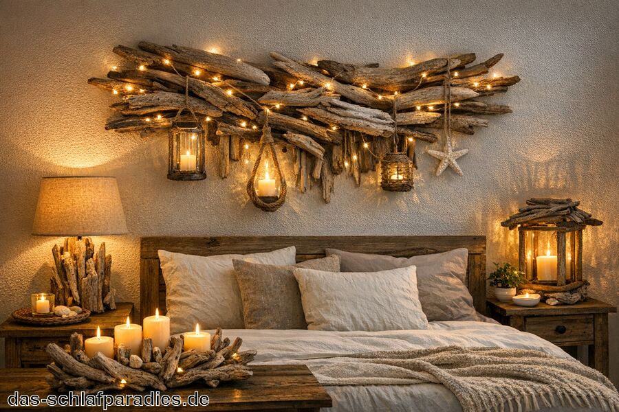 An Lichtquellen positionieren - Treibholz Deko für das Schlafzimmer