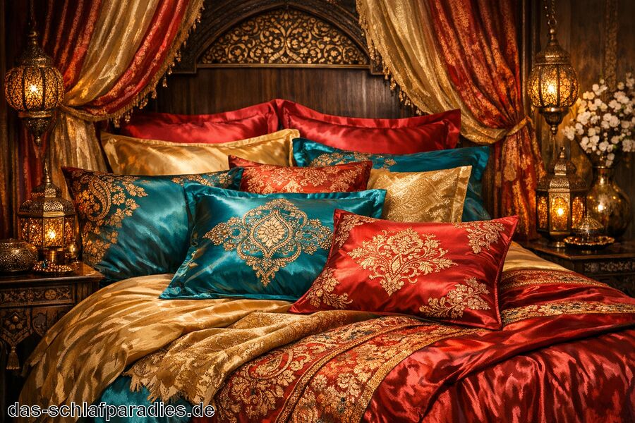 Kissen und Stoffe in Satine oder Seide wählen - Deko Orientalisch für das Schlafzimmer