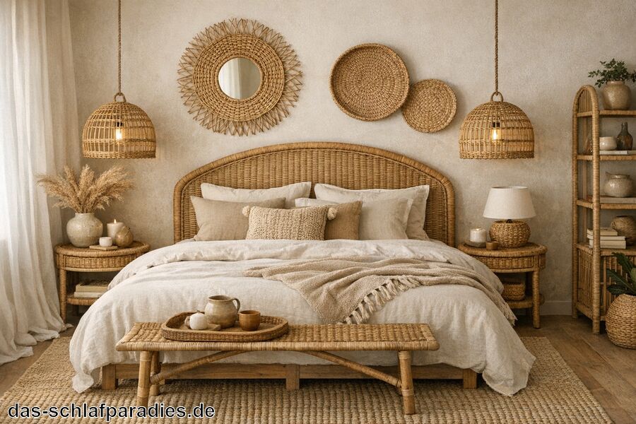 Farbgestaltung mit harmonischen Naturtönen - Rattan Deko für das Schlafzimmer