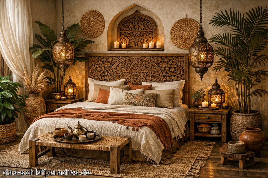 Natürliche Materialien und Pflanzen kombinieren - Deko Orientalisch für das Schlafzimmer