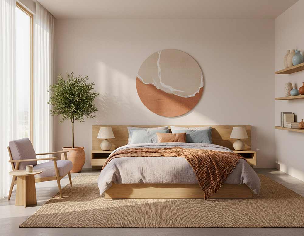 Japandi Farben fürs Schlafzimmer: Von Beige, Lavendel, Eisblau bis Terrakotta richtig kombinieren Japandi Farben fürs Schlafzimmer: Von Beige, Lavendel, Eisblau bis Terrakotta richtig kombinieren